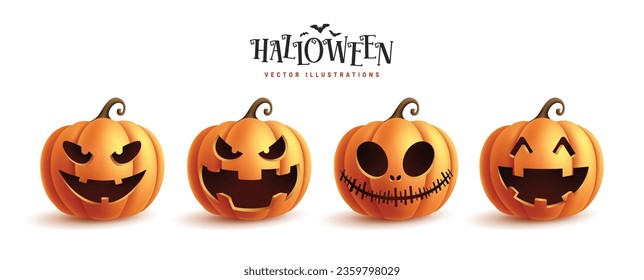 Las calabazas de Halloween configuran el diseño vectorial. Cara de calabaza naranja de Halloween con cara graciosa, linda y feliz aislada de fondo blanco. Ilustración vectorial para la colección de squash de linterna.
