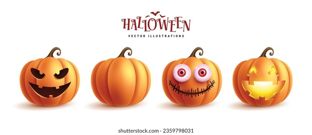 Halloween pumpkins set vector design. Halloween orange pumpkin elements with cute, spooky and scary facial expression isolated in white background. Vector illustration pumpkin squash collection.
