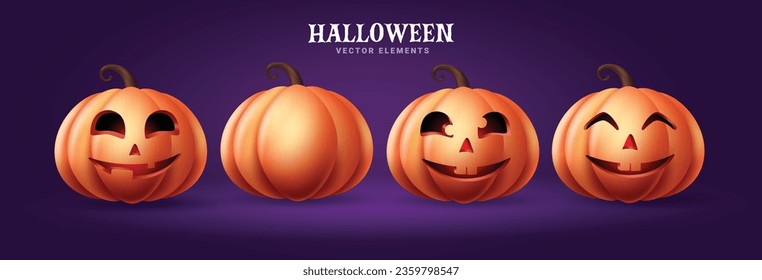 Halloween pumpkins set vector design. Halloween pumpkin orange elements isolated in purple background for horror decoration. Vector illustration pumpkins orange collection.
