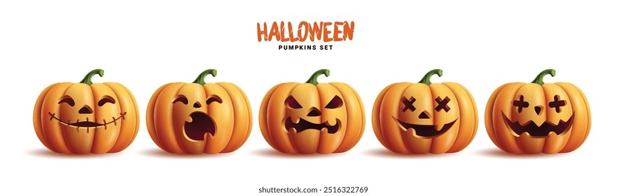 As abóboras de Halloween definem o projeto do vetor. Abóbora laranja de Halloween com rostos engraçados para férias temporada truque assustador ou tratar coleção isolada em fundo branco. Ilustração vetorial sazonal assustadora 