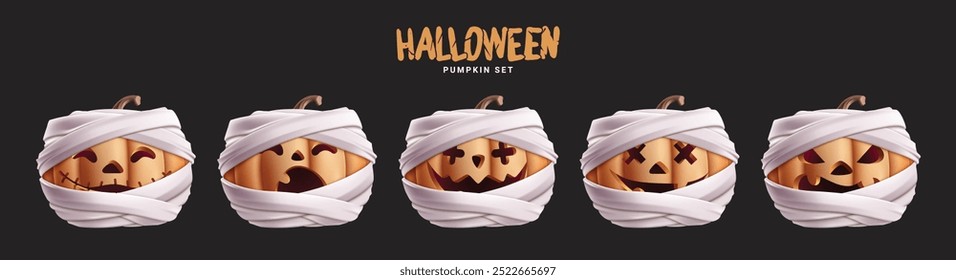 Halloween pumpkins set vector design. Lantern pumpkins white mummy characters with cute facial expressios like funny, spooky and scary in black isolated background. Vector illustration creepy squash 