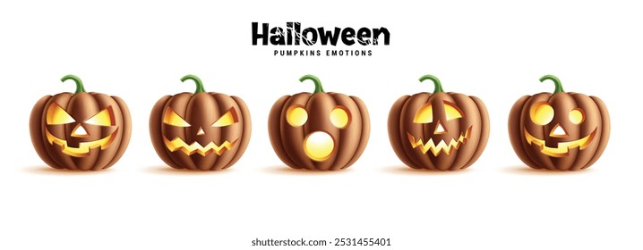 Halloween pumpkins set vector design. Pumpkins halloween in brown collection isolated in white background for horror celebration elements. Vector illustration spooky and creepy pumpkins.
