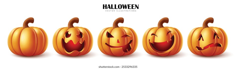 Halloween pumpkins set vector design. Halloween orange pumpkins with funny facial expressions isolated in white background for seasonal horror celebration. Vector illustration holiday season spooky 