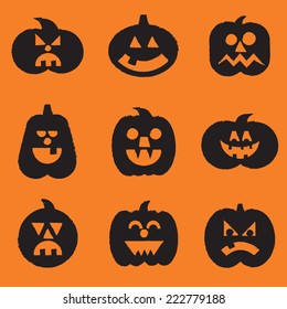 Halloween Pumpkins Set - Vector Halloween pumpkins set with nine jack-o-lanterns.  File is layered, and colors are global swatches for easy editing.