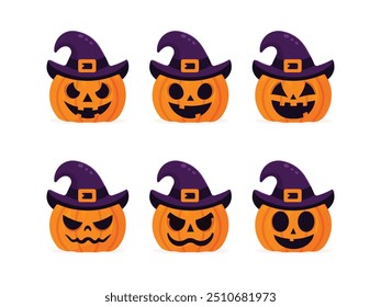 Halloween pumpkins set in witch hats isolated on white background