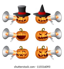 Halloween Pumpkins shouting in megaphone; Horror Persons; Emotion Variation; Vector Icon Set
