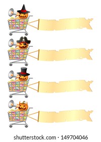 Halloween pumpkins shouting in megaphone and sitting in shoppingcarts with sweetmeat and banner. Halloween shopping theme. Isolated vector illustration