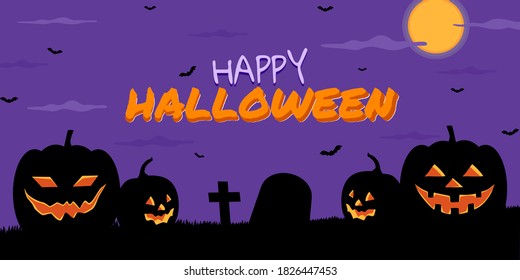 Halloween pumpkins silhouette and bats on violet background. Halloween banner vector illustration flat design.