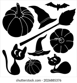 Halloween pumpkins silhouette black and white. Cute Halloween illustration with cat and witch hat 