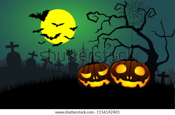 Halloween Pumpkins Silhouette Gravecatbatfull Moon Background Stock ...