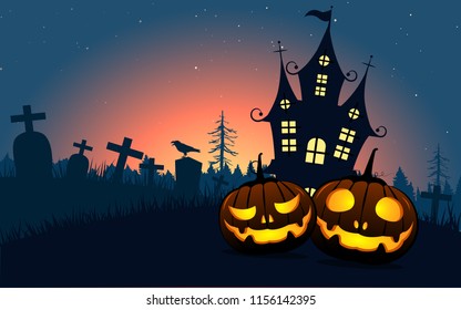 Halloween pumpkins with silhouette grave,crow. background vector illustration.