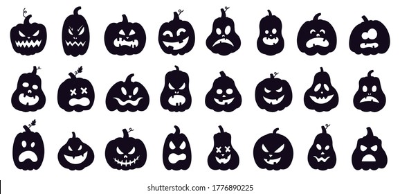 Halloween pumpkins silhouette. Scary spooky carving pumpkins, creepy smiling faces, autumn holiday horror decoration vector illustration set. Celebration smile autumn halloween