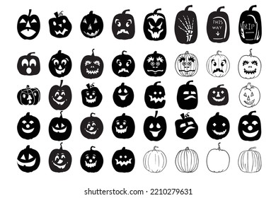Halloween pumpkins Silhouette set with various expressions . The pumpkin shadow carved a ghost face on Halloween. Vector Illustration