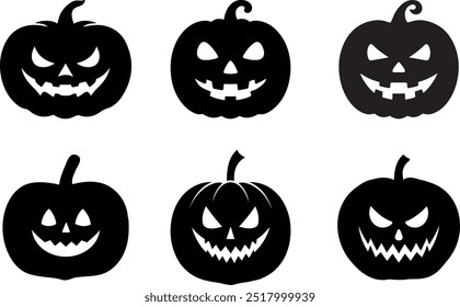 El Arte vectorial de silueta de calabazas de Halloween presenta contornos negros espeluznantes de calabazas talladas, a menudo con ojos brillantes y bocas dentadas, perfecto para decoraciones festivas, diseños digitales.