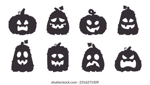 Halloween pumpkins silhouettes. Scary carving pumpkins jack-o-lanterns. Spooky grimace faces, fall holidays decorations flat vector illustration set