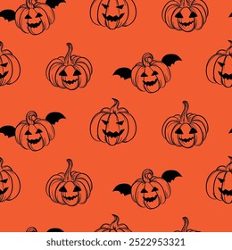 Halloween Pumpkins simple orange and black seamless pattern. Cute pumpkins October fall festive background for wallpaper, wrap, and textile texture print.