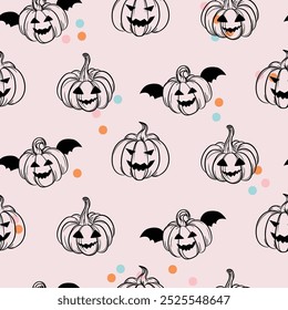 Halloween Kürbisse einfaches hellrosa und schwarzes nahtloses Muster mit Konfetti-Punkten. Süße Kürbisse Oktober Herbst festlichen Hintergrund für Tapete, Wrap, und Textil Textur Druck.