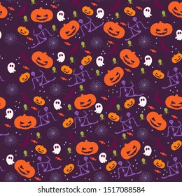 Halloween pumpkins and skeletons.  Vector seamless pattern