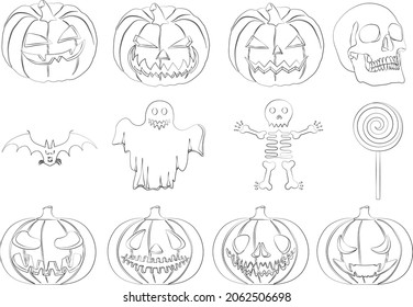 Halloween pumpkins, skull, bat, skeleton, ghost and lollipop silhouettes vector illustration