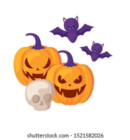 halloween pumpkins with skull and bats flying vector illustration design