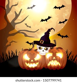 halloween pumpkins and skull with hat witch