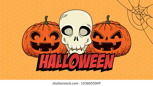 halloween pumpkins with skull pop art style vector illustration design