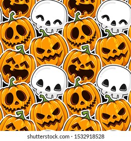 Halloween Pumpkins And Skull Seamless  Pattern Cartoon Illustration