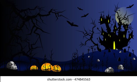 Halloween pumpkins,  skulls, black castle and bats, Vector illustration.
