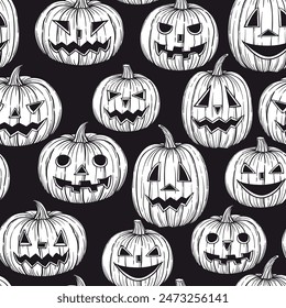 Calabazas de Halloween con caras sonrientes talladas Vector patrón sin costuras, dibujado a mano ilustración vintage.