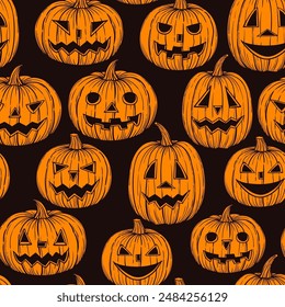 Halloween pumpkins with smiling carved faces vector seamless pattern, hand drawn vintage illustration.