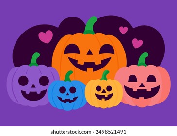 Halloween pumpkins with smiling faces and hearts, ready for festive fall decorations, party invitations and seasonal designs. Vector illustration of cute, happy jack-o'-lanterns on purple background.