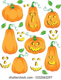 Halloween Pumpkins some with goofy faces and a few green leaves and extra halloween pumpkin without faces