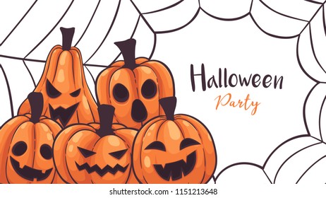 Halloween pumpkins with spider web greeting card vector illustration