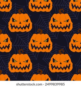 Calabazas de Halloween y telarañas aisladas sobre fondo azul oscuro. Patrón sin fisuras. Vector simple ilustración gráfica plana. Textura.