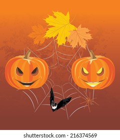 Halloween pumpkins, spiders and bat. Holiday composition. Vector