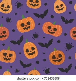 Halloween pumpkins, spiders and bats. Smiling and funny cartoon characters on purple background. Seamless pattern