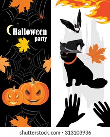 Halloween pumpkins, spiders, cat and bat. Holiday objects. Vector