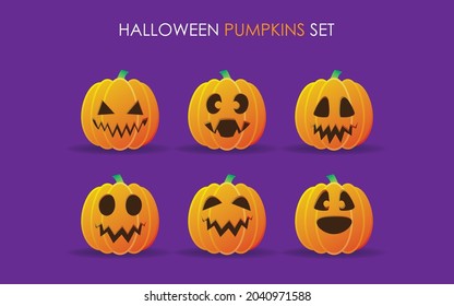 Halloween Pumpkins. Spooky and Angry Orange Pumpkin Jack Lantern Characters set.