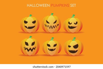 Halloween Pumpkins. Spooky and Angry Orange Pumpkin Jack Lantern Characters set.