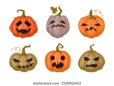 Calabazas de Halloween. Espeluznantes caras de calabaza talladas, calabazas de vacaciones Jack-o-linterna decoraciones conjunto de Ilustración vectorial plana. Caricatura de miedo Halloween caras de fantasma de calabaza