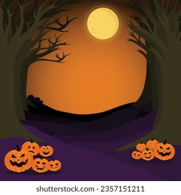 Halloween pumpkins in spooky dead trees forest at night under the moonlight, Vector Illustration.