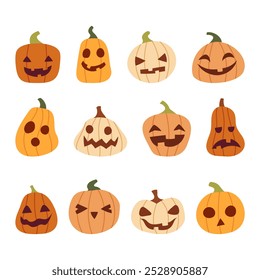 Halloween Pumpkins with Spooky Faces in Flat Style Vector Illustration