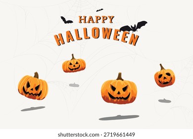 Halloween pumpkins with spooky faces, flying bats, and a 'Happy Halloween' message. Halloween theme with pumpkins and bats for festive decor. Halloween pumpkins elements on beige background vector.