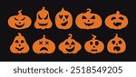 Halloween Pumpkins with Spooky Faces Set. Jack O Lantern Collection. Scary Design Elements for 31 October. Spooky, Scary and Funny Emotions for Pumpkin Characters Bundle.