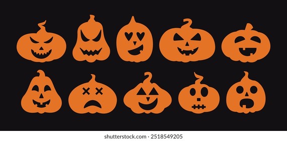 Halloween Pumpkins with Spooky Faces Set. Jack O Lantern Collection. Scary Design Elements for 31 October. Spooky, Scary and Funny Emotions for Pumpkin Characters Bundle.