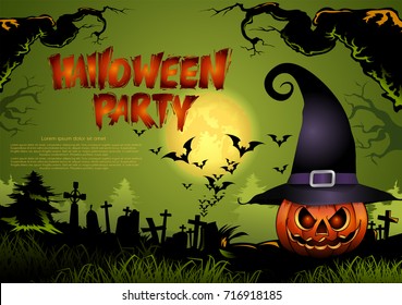 Halloween pumpkins and Spooky forest with dead trees,Halloween background design with pumpkins 
