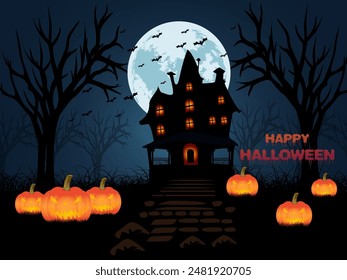 Halloween pumpkins with spooky forest at night moon background design