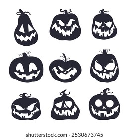 Halloween pumpkins with spooky and scary faces vector silhouettes set isolated on a white background.