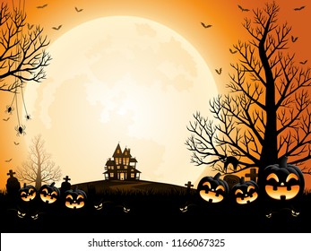 Halloween Pumpkins, Spooky Trees And Haunted House With Moonlight On Orange Background.