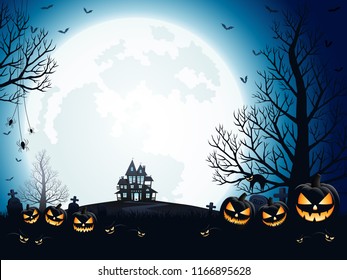 Halloween Pumpkins, Spooky Trees And Haunted House With Moonlight On Blue Background.